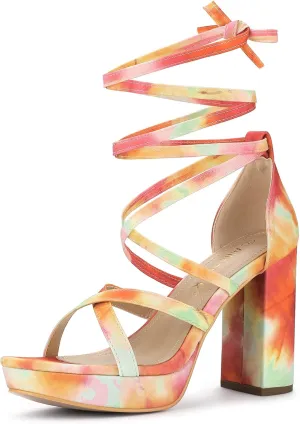 Allegra K Women's Tie Dye Platform Chunky Heel Lace Up Sandals