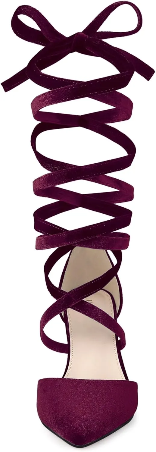 Allegra K Women's Velvet Lace Up Chunky Heels Pointed Toe Pumps
