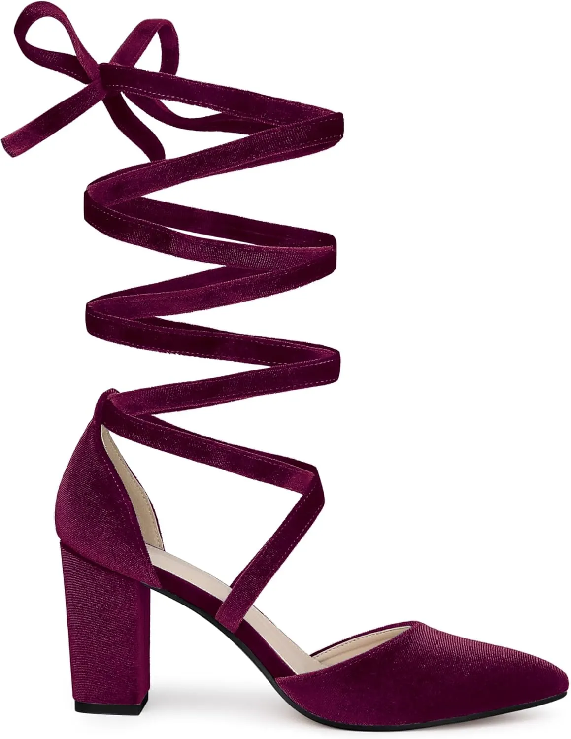 Allegra K Women's Velvet Lace Up Chunky Heels Pointed Toe Pumps