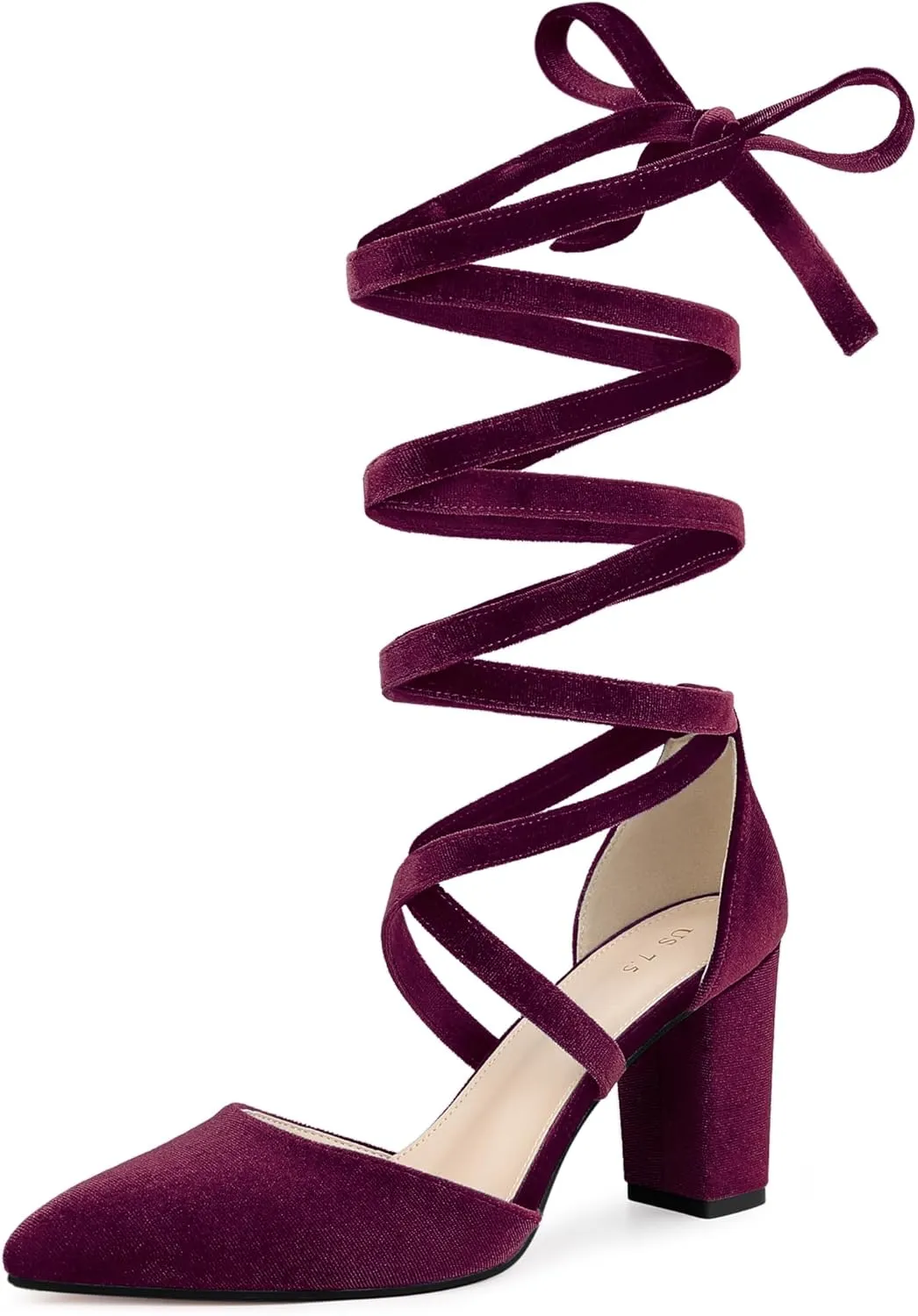 Allegra K Women's Velvet Lace Up Chunky Heels Pointed Toe Pumps