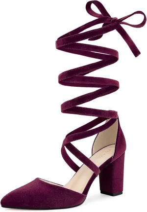 Allegra K Women's Velvet Lace Up Chunky Heels Pointed Toe Pumps