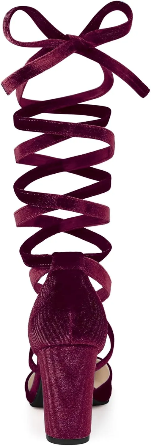 Allegra K Women's Velvet Lace Up Chunky Heels Pointed Toe Pumps