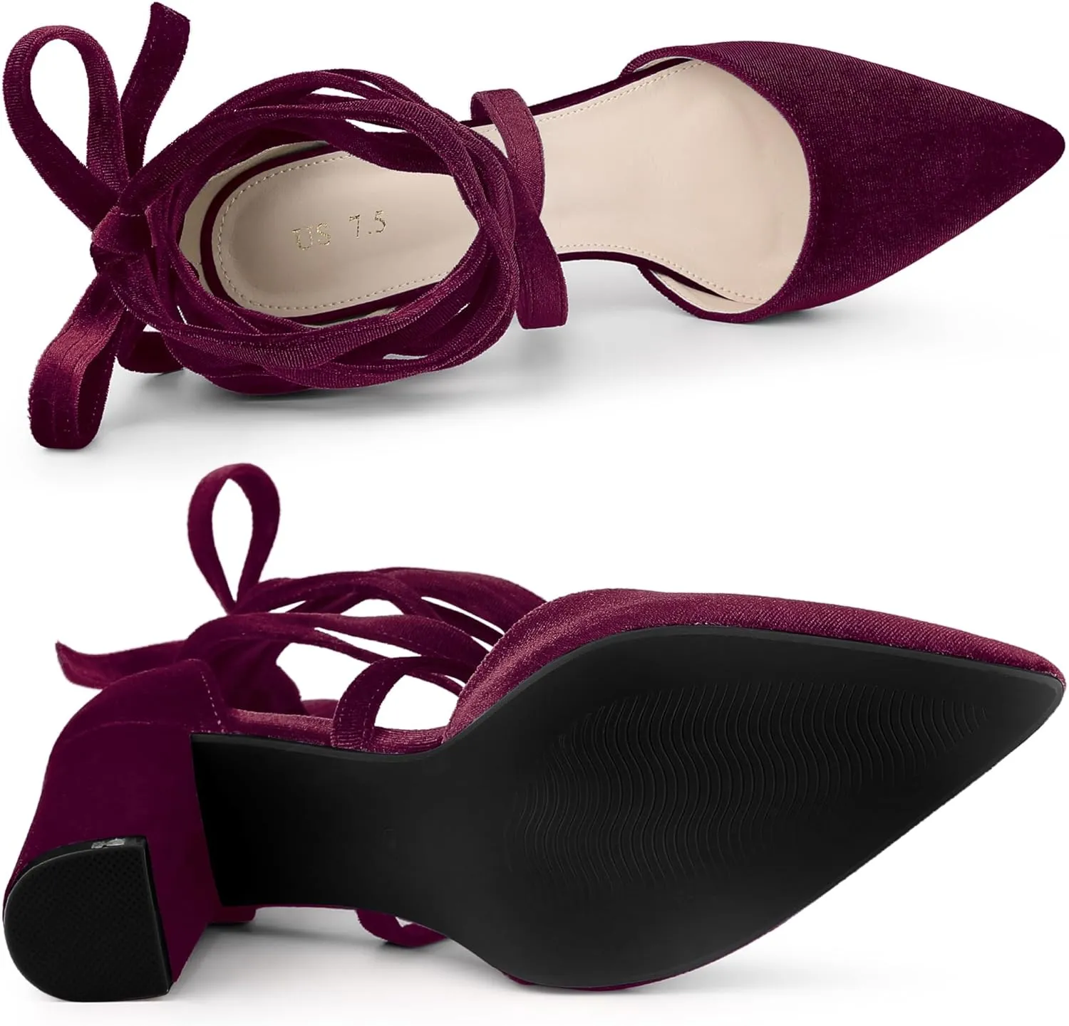 Allegra K Women's Velvet Lace Up Chunky Heels Pointed Toe Pumps