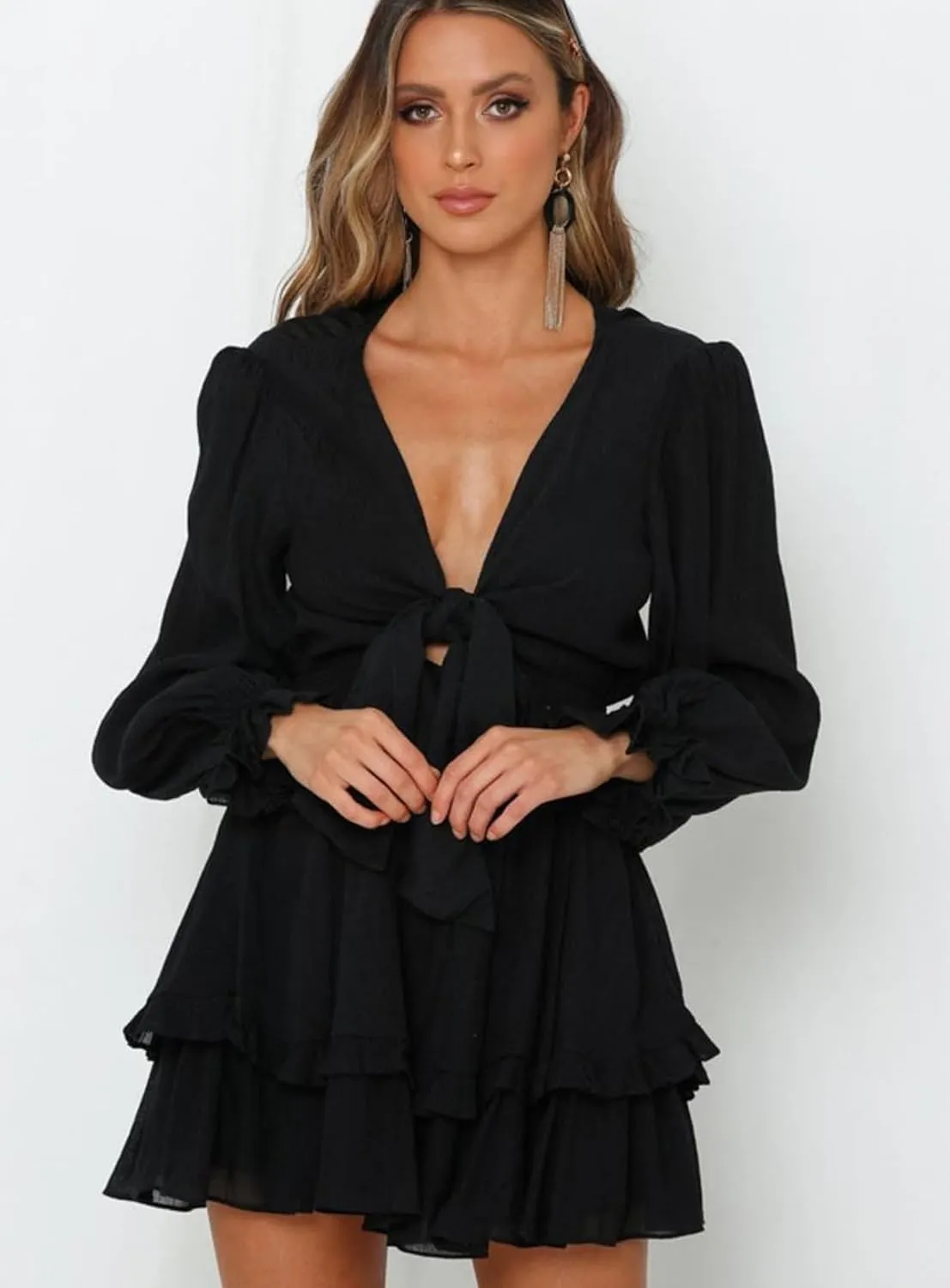 AlvaQ Womens Dresses Spring Summer Knot Front V Neck Ruffles Long Sleeve Floral Print Swing Mini Dress