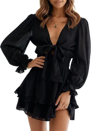 AlvaQ Womens Dresses Spring Summer Knot Front V Neck Ruffles Long Sleeve Floral Print Swing Mini Dress