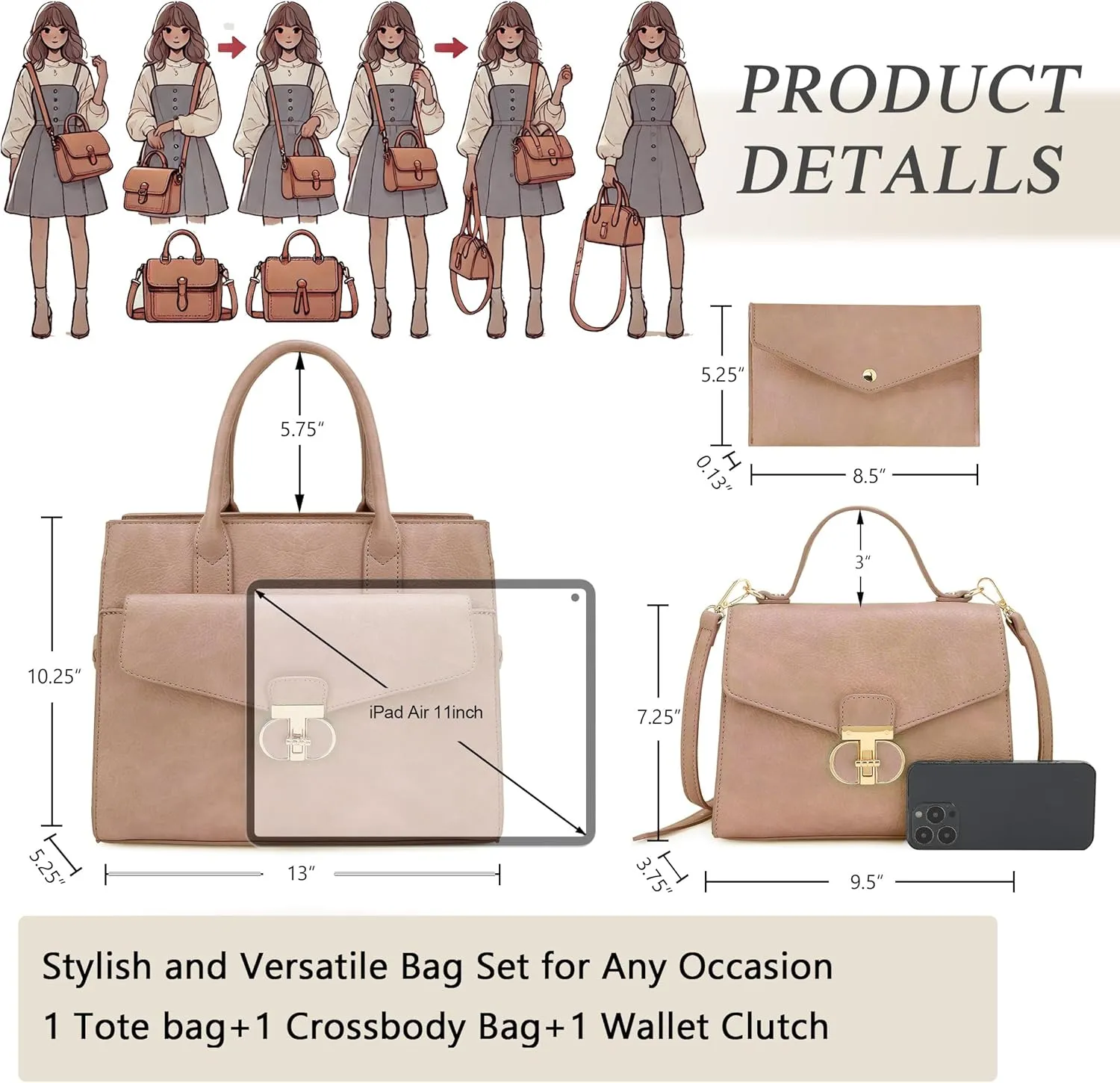 ALYSSA Tote Bag for Women Medium Crossbody Purse Shoulder Bag Top Handle Satchel Cute Wallet 3Pcs Handbags Set Gift