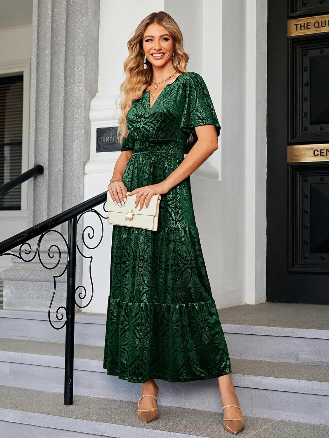 Amegoya Women's Velvet Short Sleeve V Neck Formal Wedding Guest Maxi Dresses Fall Evening Party Long Dresses