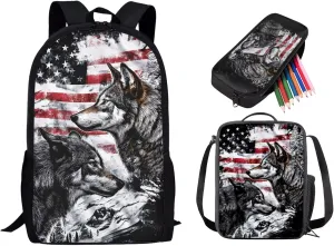 American Flag Wolf Printed Student Backpacks Set 3 In 1, Boys Cool School Bookbag Pencil Case Pen Pouch Insulated Lunch Bag for Kids