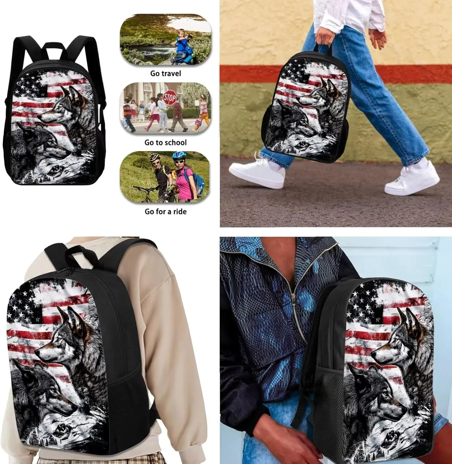 American Flag Wolf Printed Student Backpacks Set 3 In 1, Boys Cool School Bookbag Pencil Case Pen Pouch Insulated Lunch Bag for Kids
