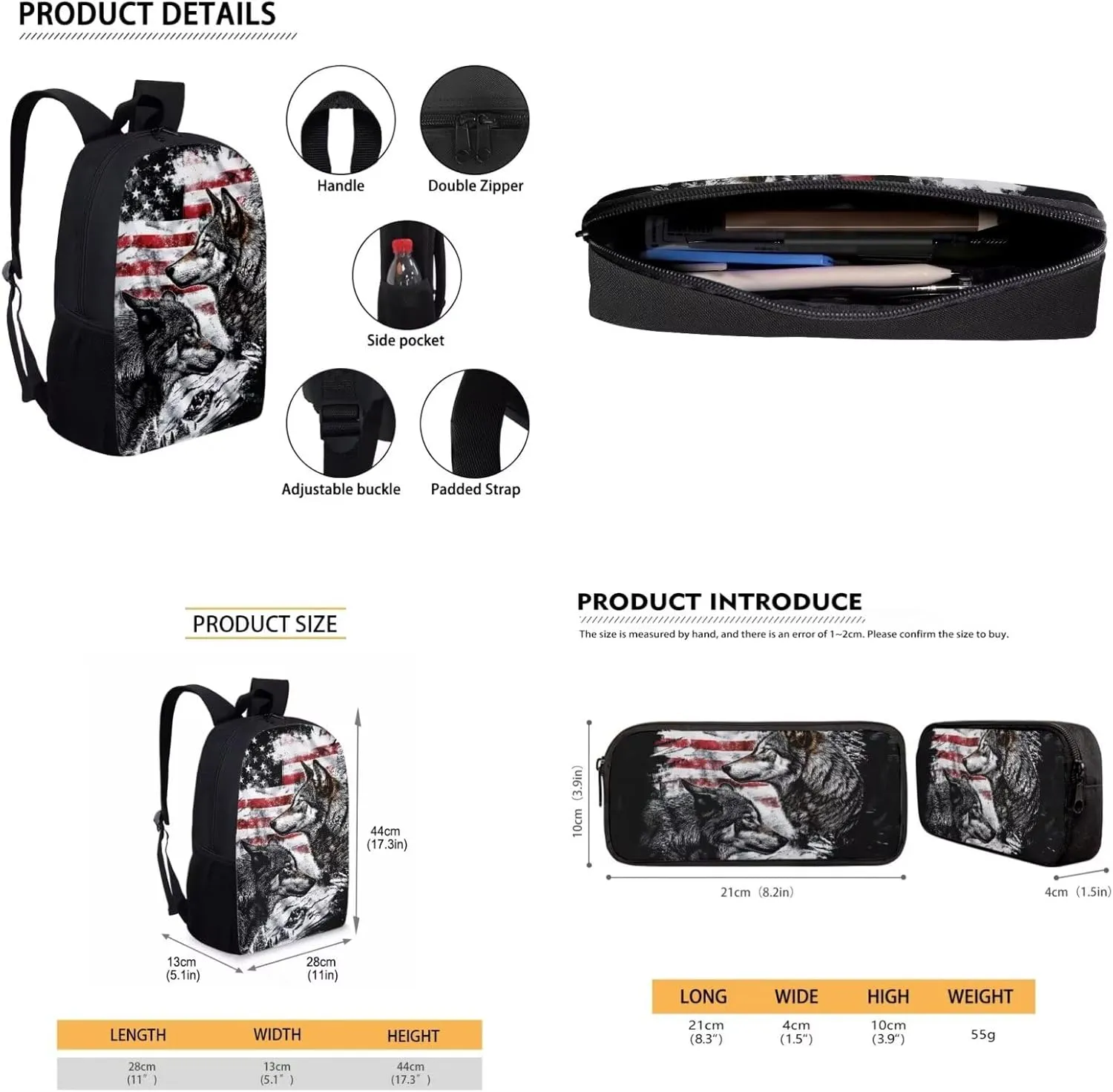American Flag Wolf Printed Student Backpacks Set 3 In 1, Boys Cool School Bookbag Pencil Case Pen Pouch Insulated Lunch Bag for Kids