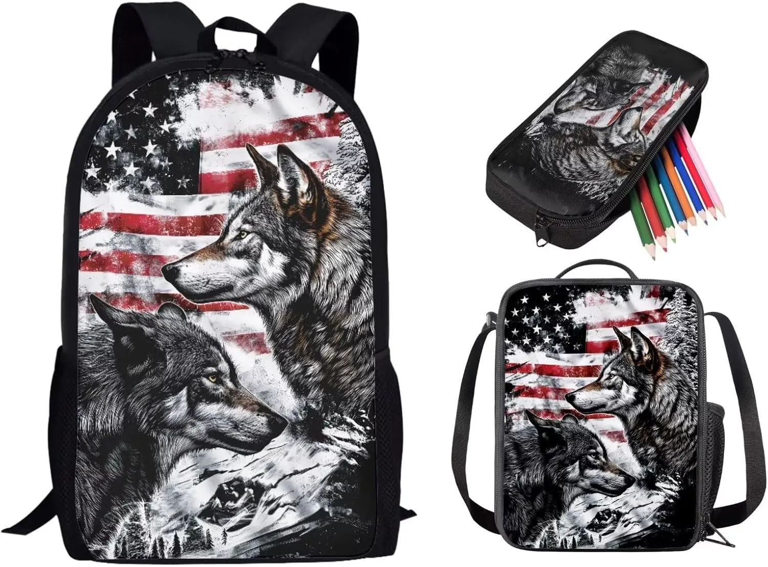 American Flag Wolf Printed Student Backpacks Set 3 In 1, Boys Cool School Bookbag Pencil Case Pen Pouch Insulated Lunch Bag for Kids