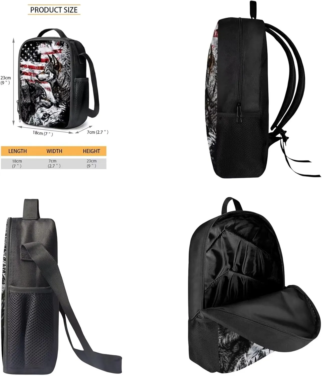 American Flag Wolf Printed Student Backpacks Set 3 In 1, Boys Cool School Bookbag Pencil Case Pen Pouch Insulated Lunch Bag for Kids