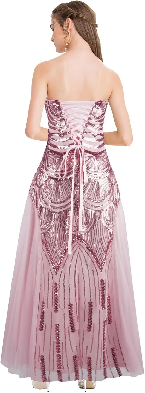 ANGEL FASHIONS Women's Sequin Strapless Sweetheart Mesh Lace up Banquet Dress