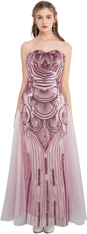 ANGEL FASHIONS Women's Sequin Strapless Sweetheart Mesh Lace up Banquet Dress