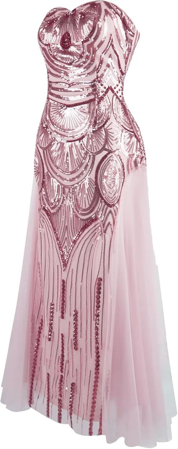 ANGEL FASHIONS Women's Sequin Strapless Sweetheart Mesh Lace up Banquet Dress