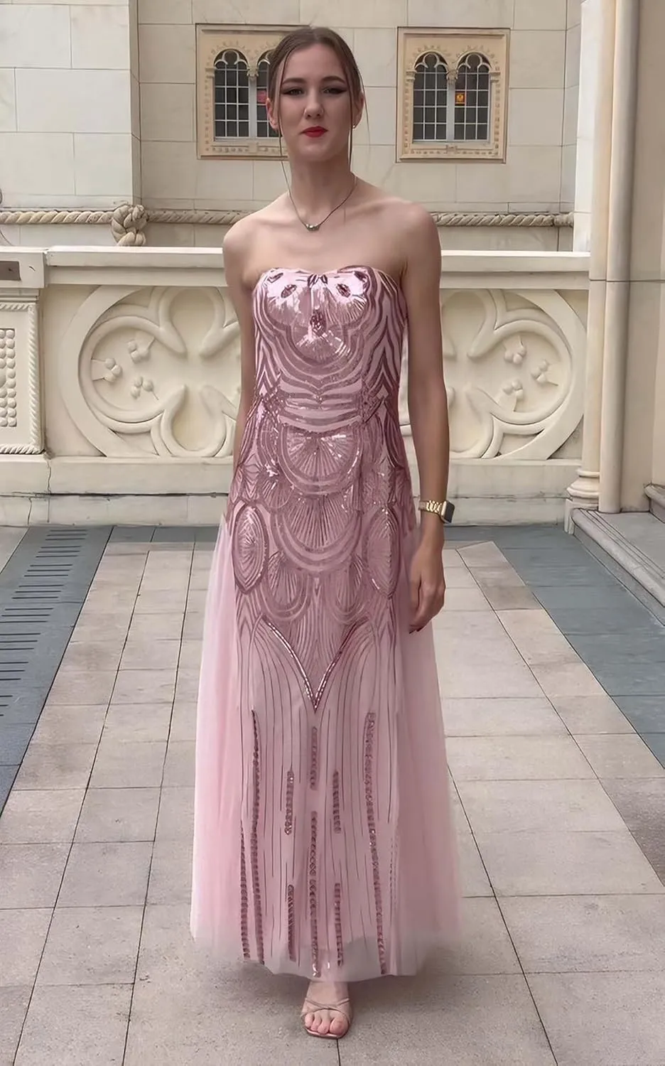 ANGEL FASHIONS Women's Sequin Strapless Sweetheart Mesh Lace up Banquet Dress