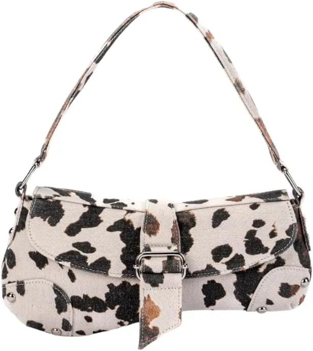 Animal Print Canvas Shoulder Purses for Women 2000s Cute Y2k Shoulder Bag Handbags Cow Print Stuff