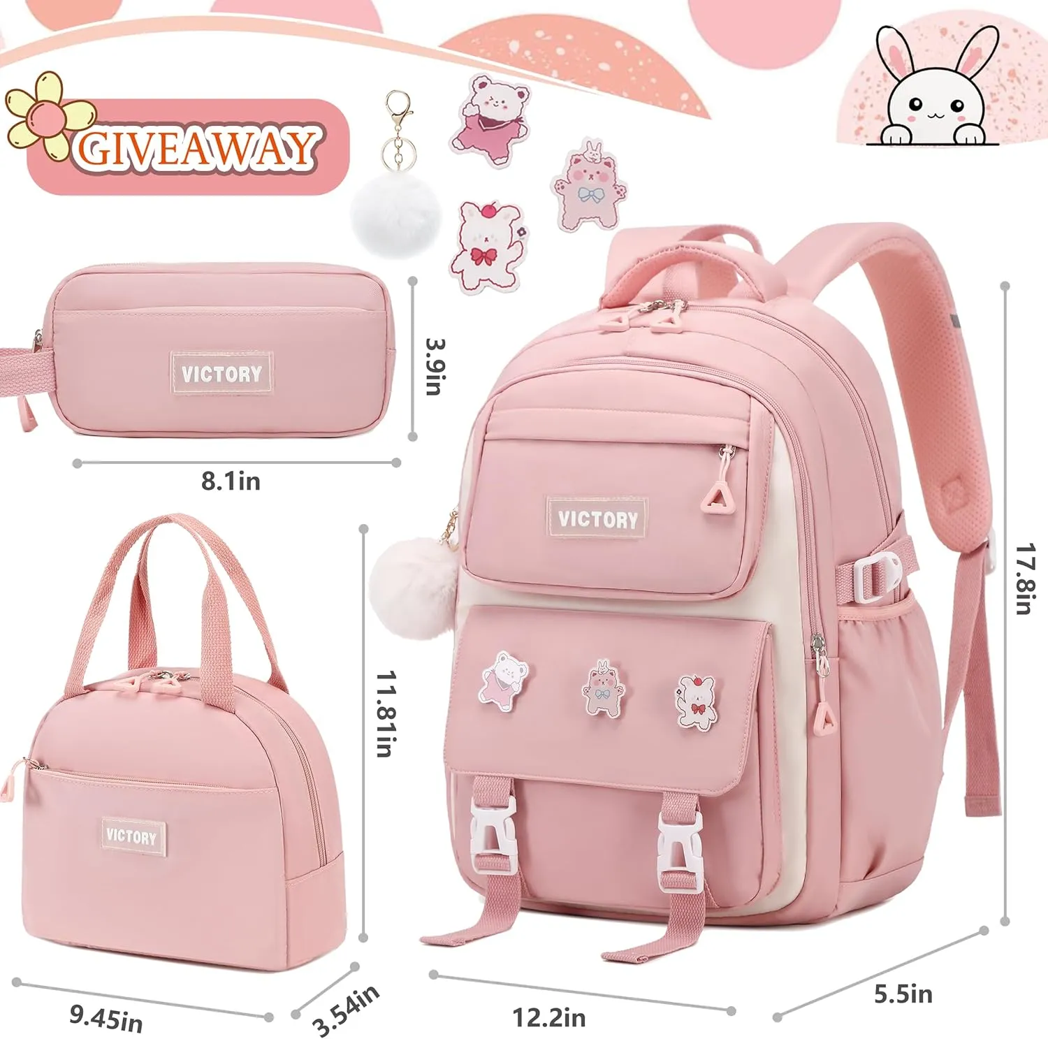 AO ALI VICTORY Backpack for Women Girls Set with Pencil Case 15.6 Inch Laptop School Bag Kids Elementary College Backpacks