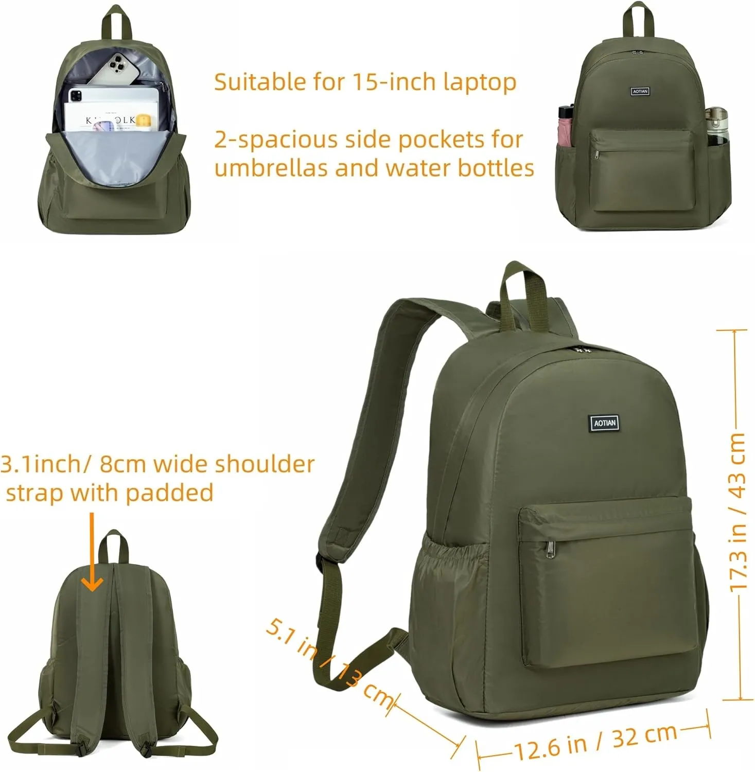 AOTIAN 17-Inch Water-Resistant Nylon Backpack, Durable Lightweight Bookbag, Daypack for College, Work, Travel & Hiking