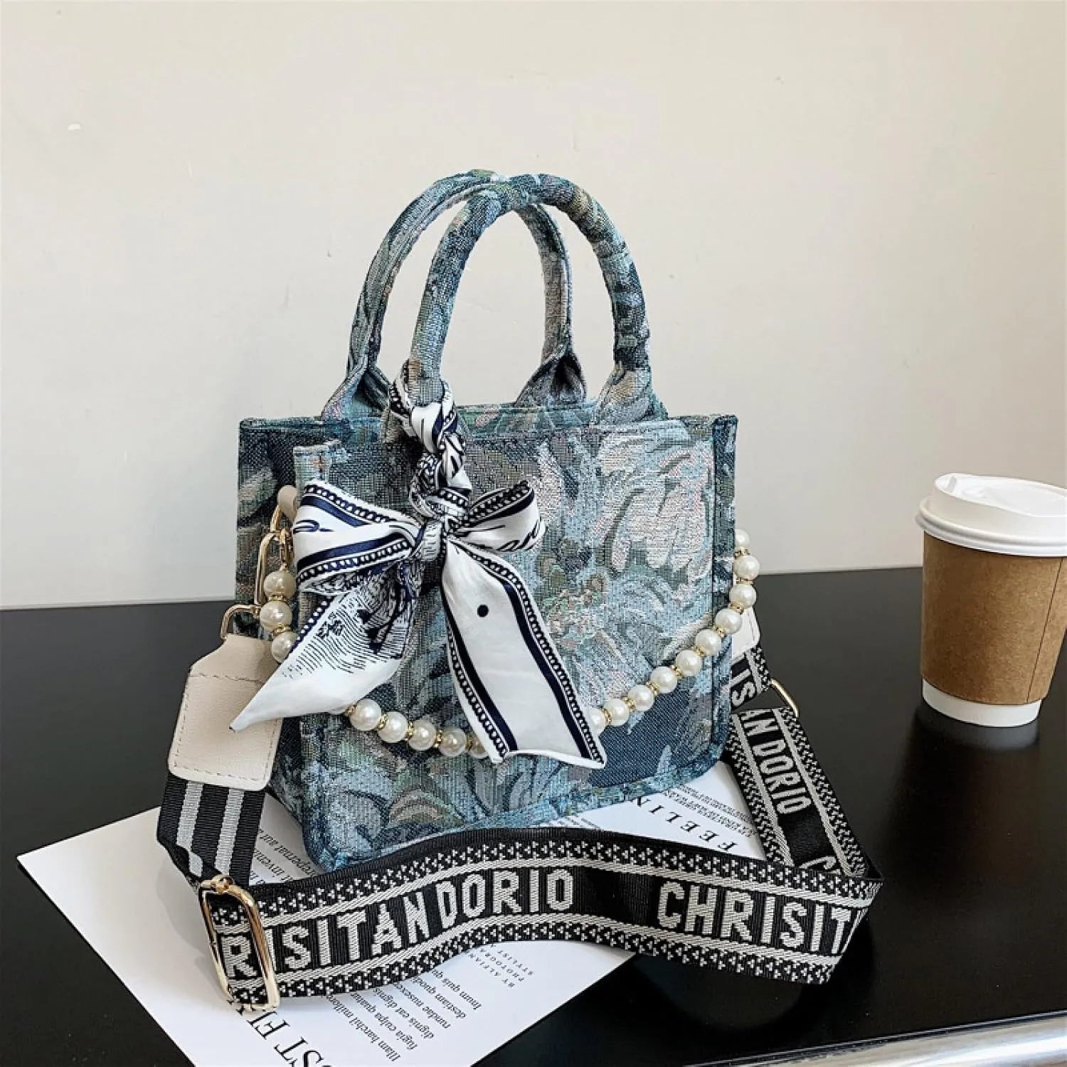 APLUSH Women Handbags Fashion Canvas Tote Bag Large Capacity Jacquard Retro Exquisite Shoulder Bag,Blue,21 * 18 * 9cm