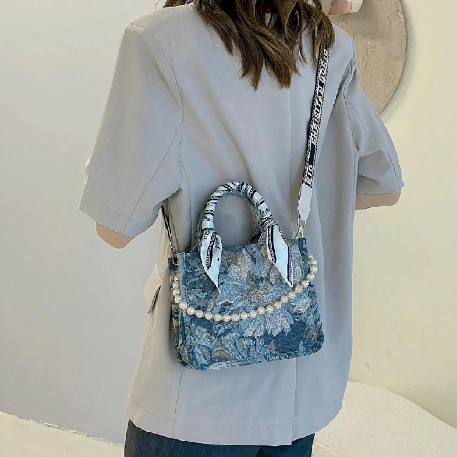 APLUSH Women Handbags Fashion Canvas Tote Bag Large Capacity Jacquard Retro Exquisite Shoulder Bag,Blue,21 * 18 * 9cm