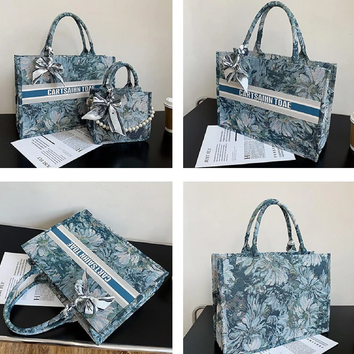 APLUSH Women Handbags Fashion Canvas Tote Bag Large Capacity Jacquard Retro Exquisite Shoulder Bag,Blue,21 * 18 * 9cm