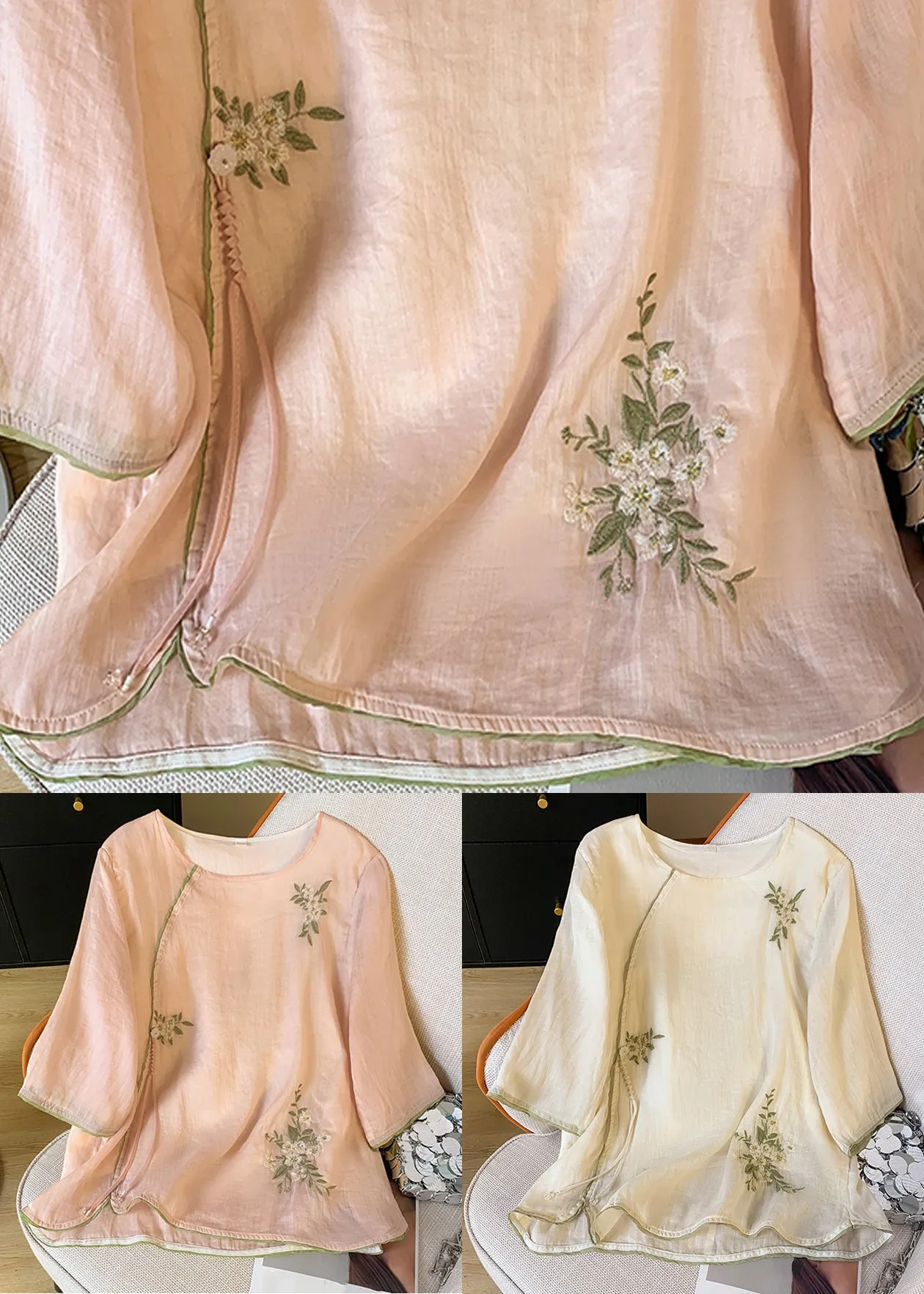 Apricot Button Tasseled Cotton Shirt Embroidered Spring