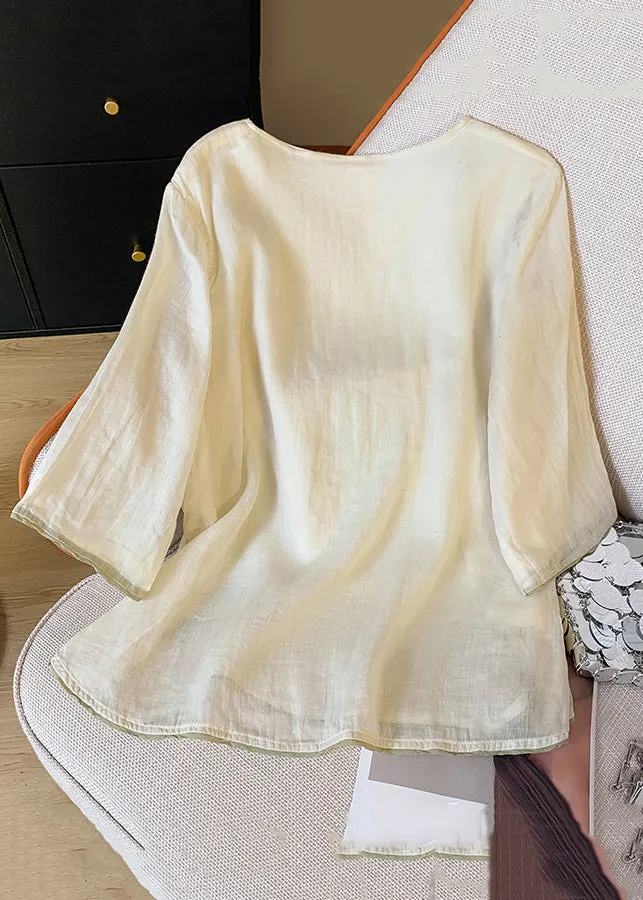 Apricot Button Tasseled Cotton Shirt Embroidered Spring