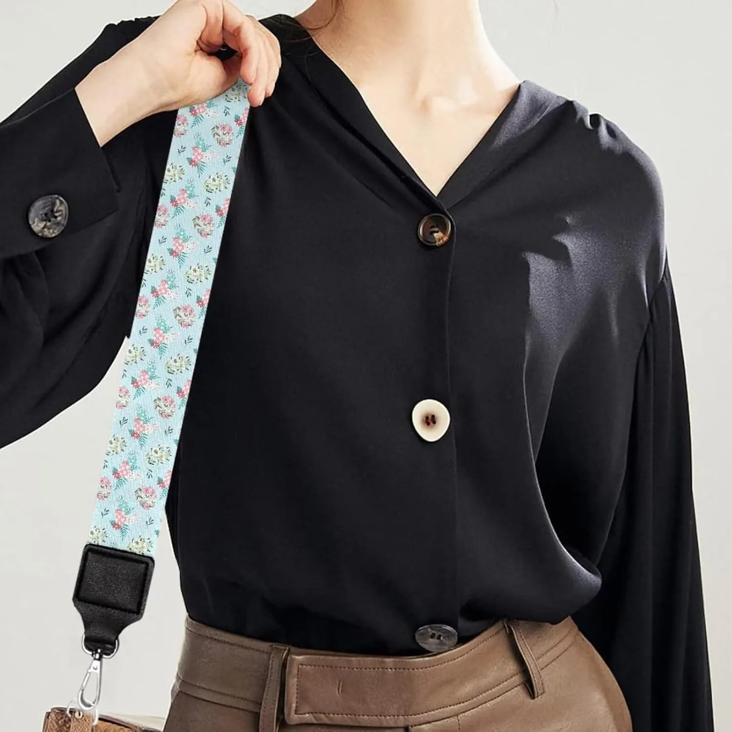 Aqua Floral Black Women's Bag Strap Adjustable Shoulder Strap Blossom Flower Purse Strap for Crossbody Bag
