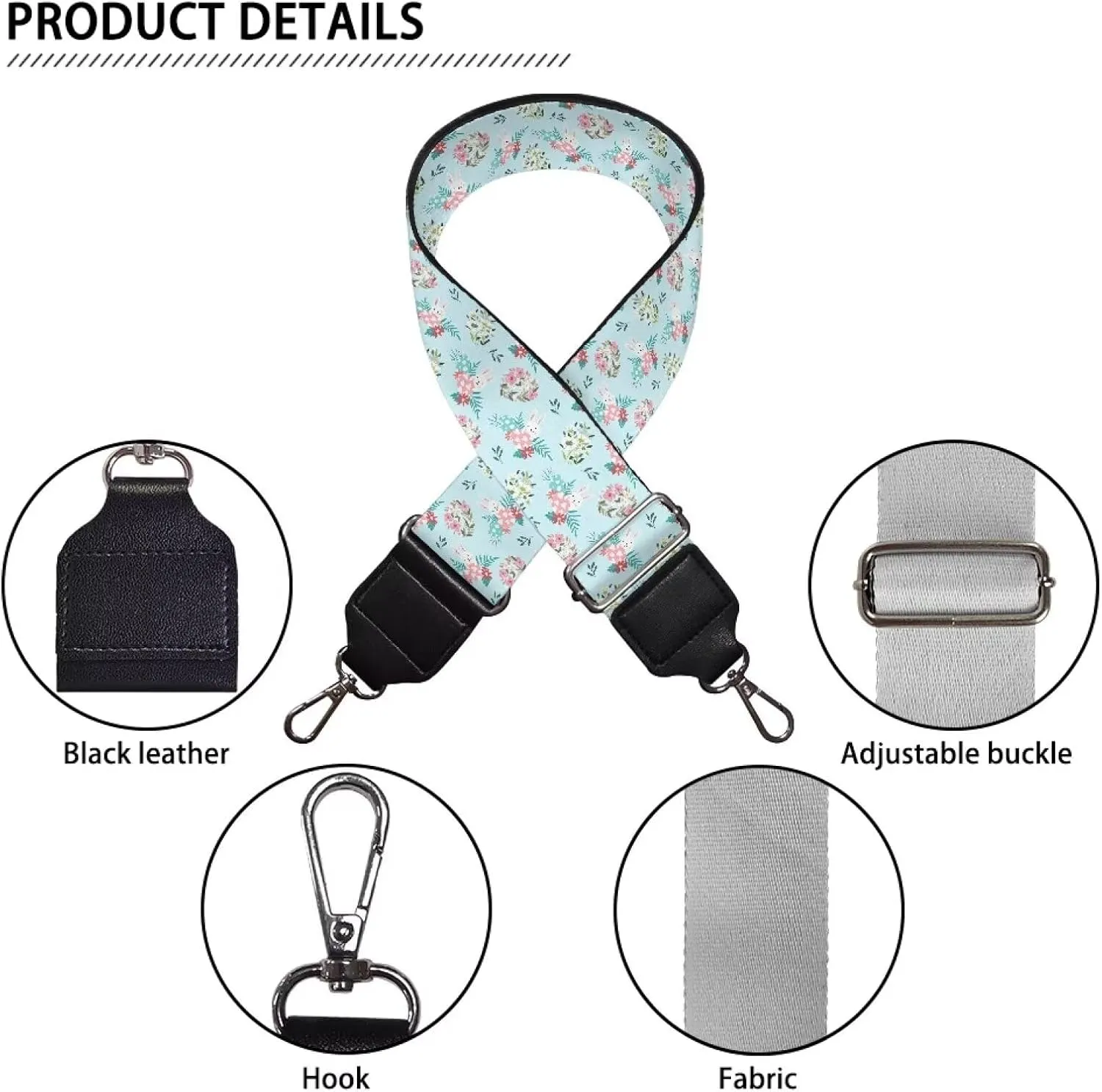 Aqua Floral Black Women's Bag Strap Adjustable Shoulder Strap Blossom Flower Purse Strap for Crossbody Bag