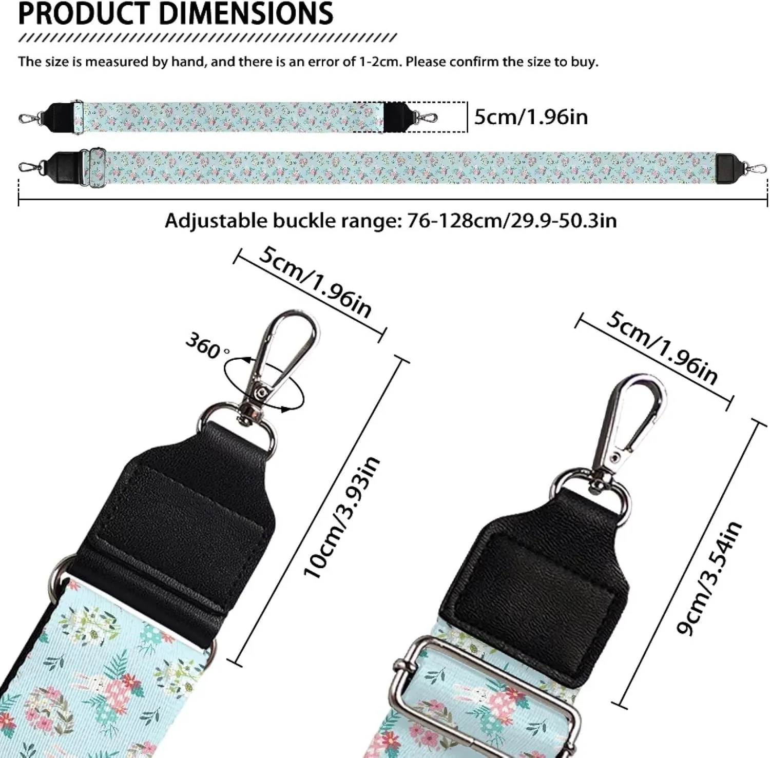 Aqua Floral Black Women's Bag Strap Adjustable Shoulder Strap Blossom Flower Purse Strap for Crossbody Bag