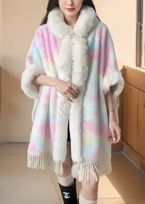 Art Pink Fur Collar Tasseled Warm Fleece Cape Coat Winter RC002