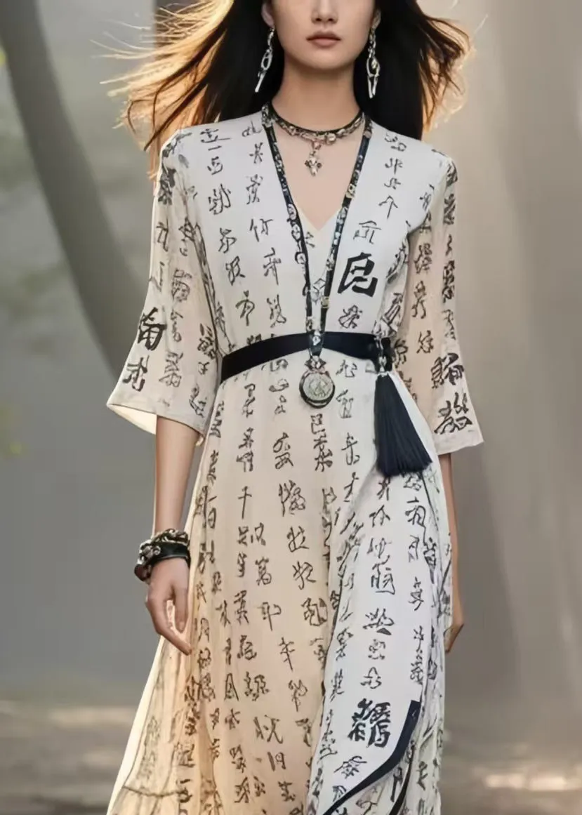 Art White Tasseled Print Chiffon Holiday Dresses Summer