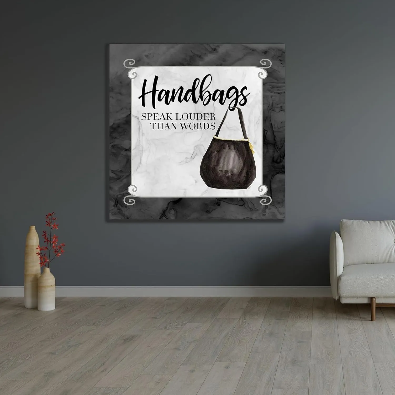 ArtDirect Fashion Humor XIII-Handbags Speak 48x48 Huge Black Modern Wood Framed Canvas Giclee Art by Reed, Tara
