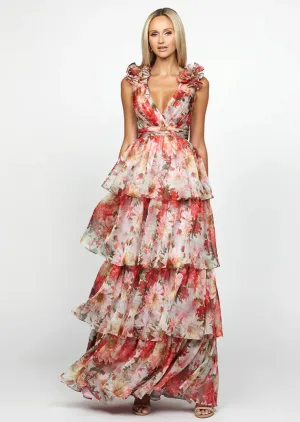 Audra | Floral Multi A-line Tiered Skirt Formal Gown with Ruffle Shoulder Straps and Lace Up Back | BARIANO