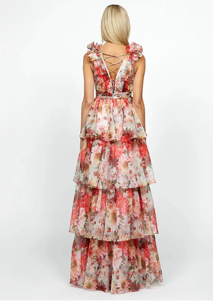 Audra | Floral Multi A-line Tiered Skirt Formal Gown with Ruffle Shoulder Straps and Lace Up Back | BARIANO