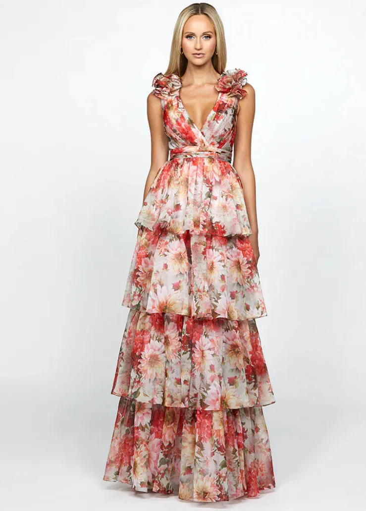 Audra | Floral Multi A-line Tiered Skirt Formal Gown with Ruffle Shoulder Straps and Lace Up Back | BARIANO