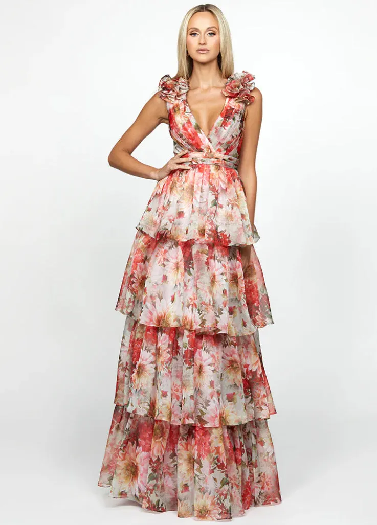 Audra | Floral Multi A-line Tiered Skirt Formal Gown with Ruffle Shoulder Straps and Lace Up Back | BARIANO