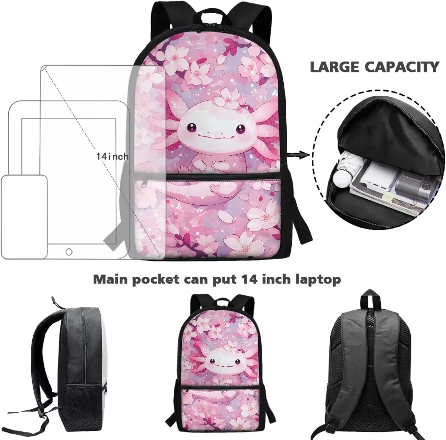 Axolotl School Backpack for Girls 8-10 Cute School Bag 17 Inch Casual Backpacks Elementary 2nd Grade Large School Bag Cherry Blossom Kids Bookbag Water Resistant Schoolbag School Supplies
