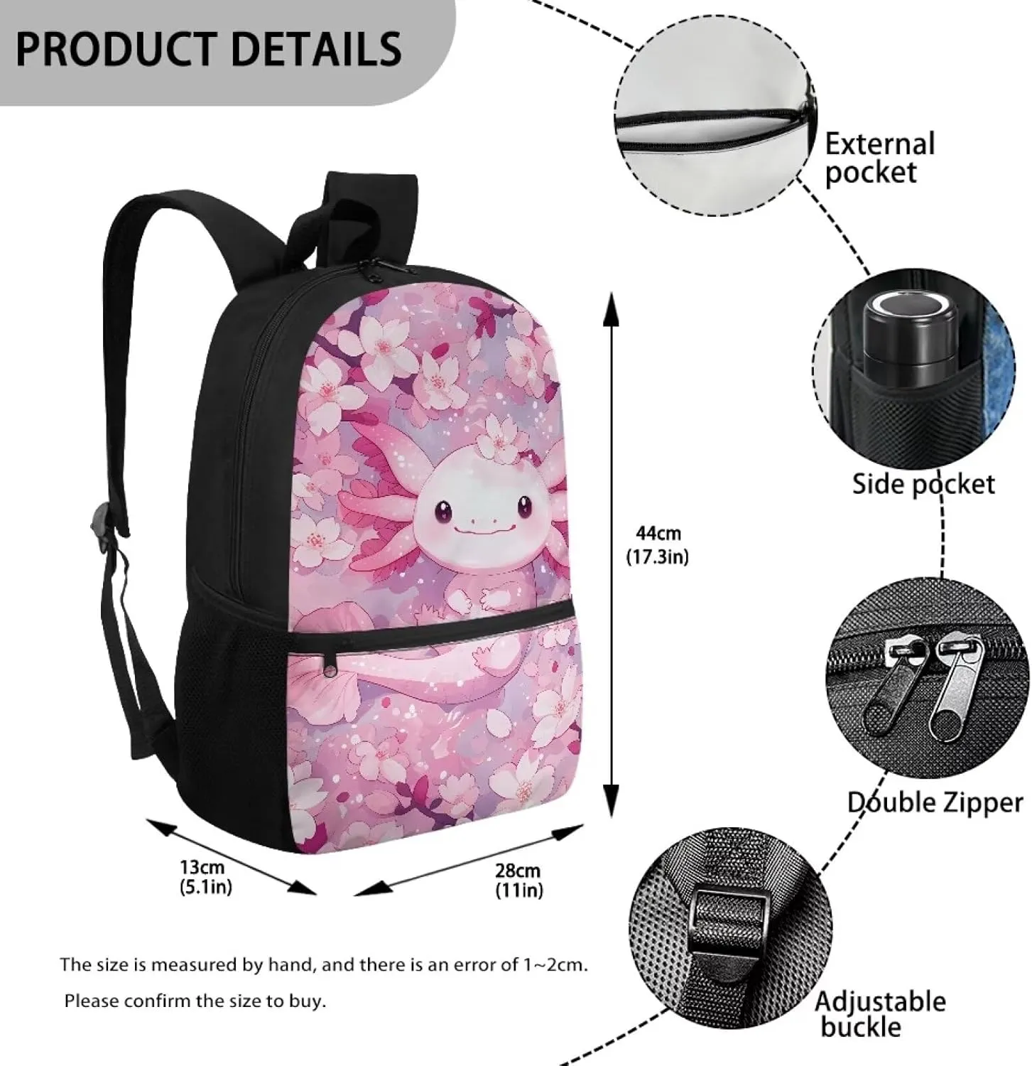 Axolotl School Backpack for Girls 8-10 Cute School Bag 17 Inch Casual Backpacks Elementary 2nd Grade Large School Bag Cherry Blossom Kids Bookbag Water Resistant Schoolbag School Supplies