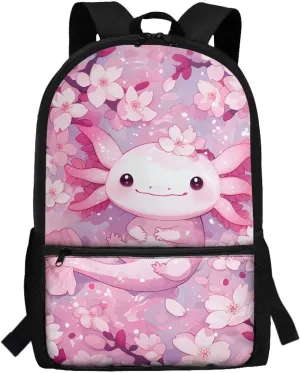 Axolotl School Backpack for Girls 8-10 Cute School Bag 17 Inch Casual Backpacks Elementary 2nd Grade Large School Bag Cherry Blossom Kids Bookbag Water Resistant Schoolbag School Supplies