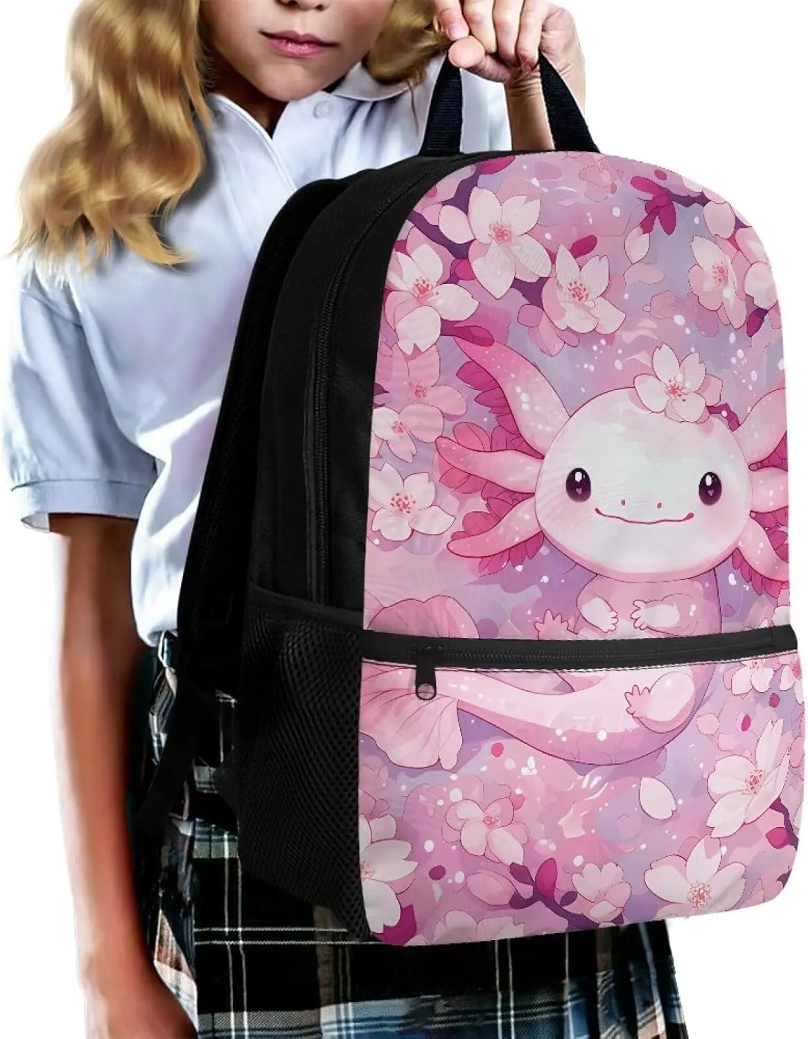Axolotl School Backpack for Girls 8-10 Cute School Bag 17 Inch Casual Backpacks Elementary 2nd Grade Large School Bag Cherry Blossom Kids Bookbag Water Resistant Schoolbag School Supplies