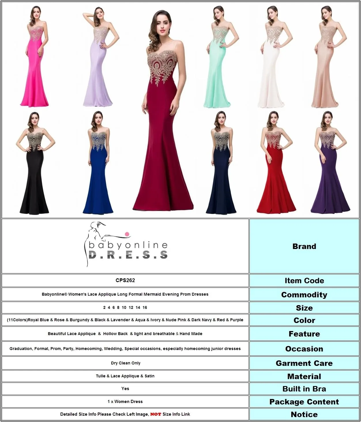 Babyonline® Women's Lace Applique Long Formal Mermaid Evening Prom Dresses