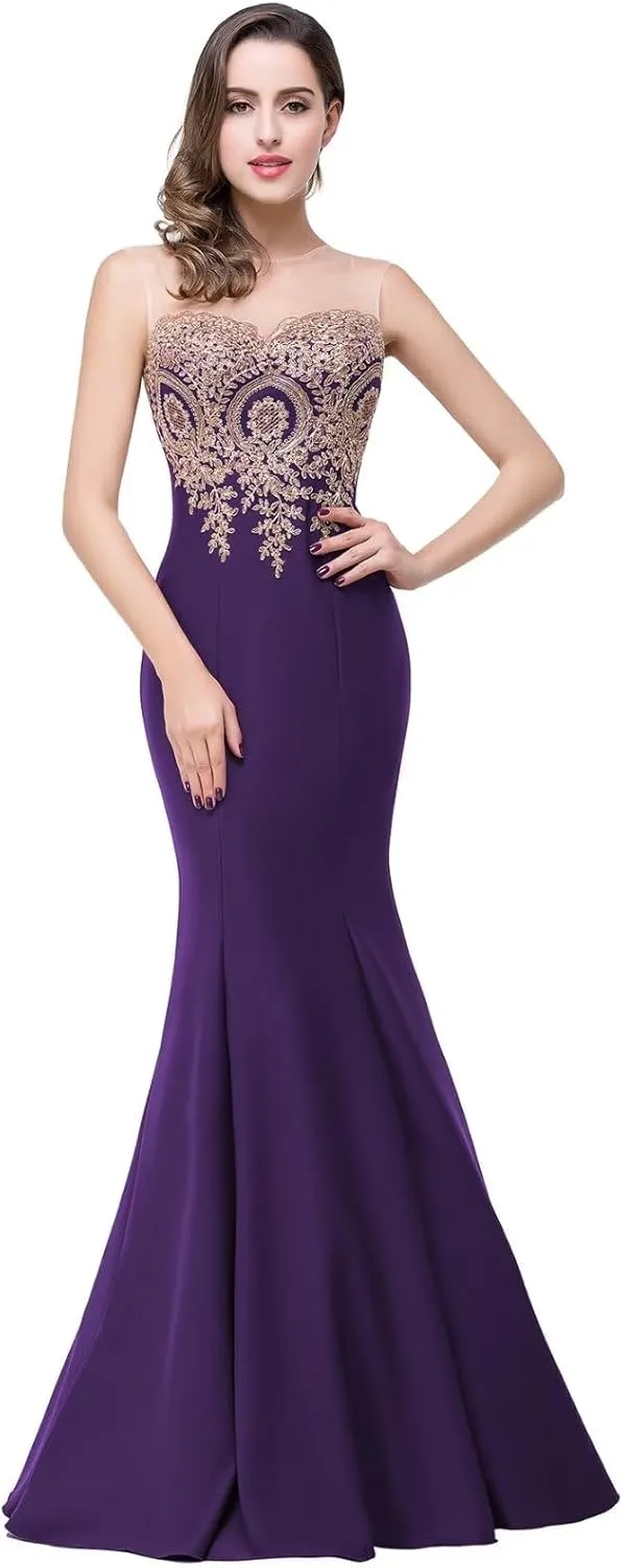 Babyonline® Women's Lace Applique Long Formal Mermaid Evening Prom Dresses