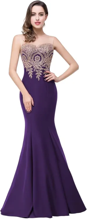 Babyonline® Women's Lace Applique Long Formal Mermaid Evening Prom Dresses