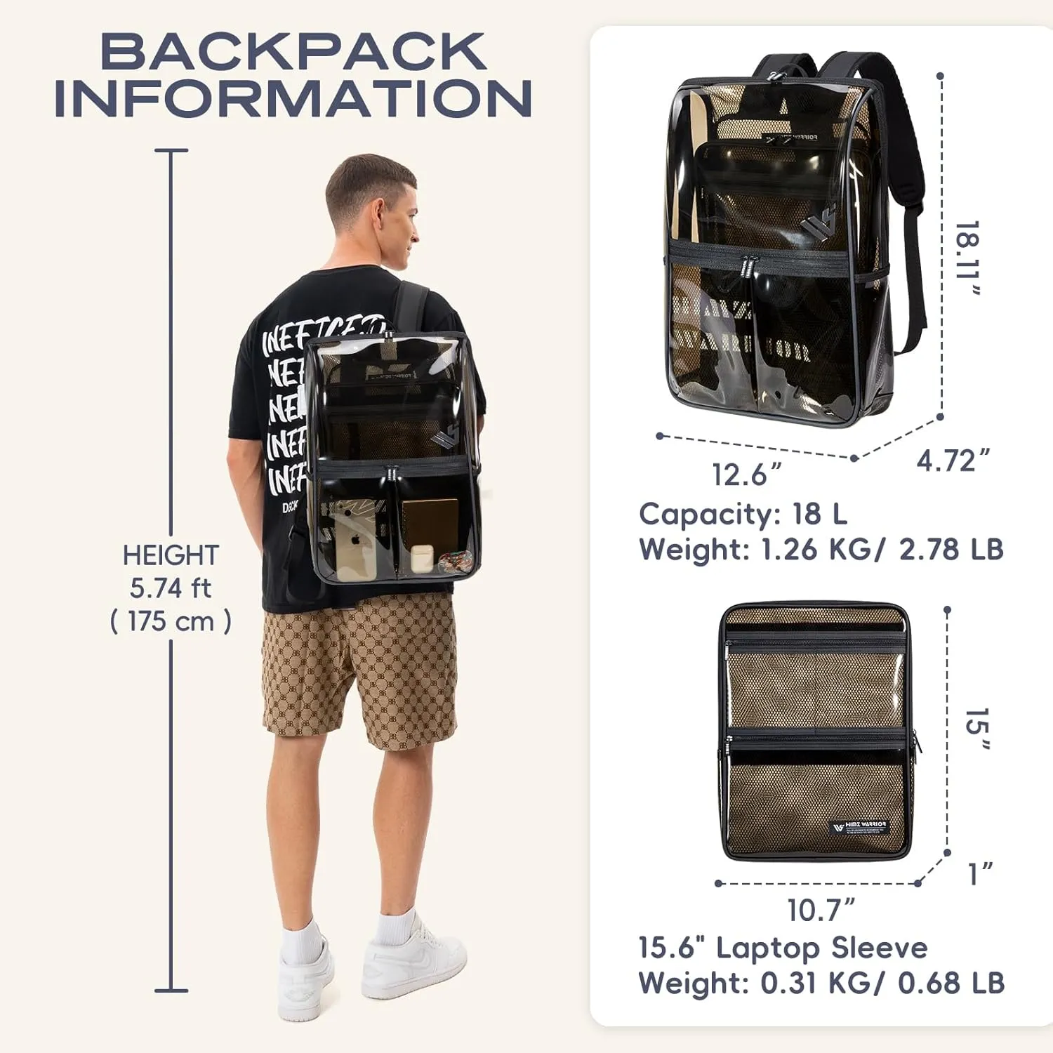 Backpack Clear Heavy Duty for Adults with See Through Laptop Bag Travel Back Pack for Men Women Black Transparent Backpacks Large