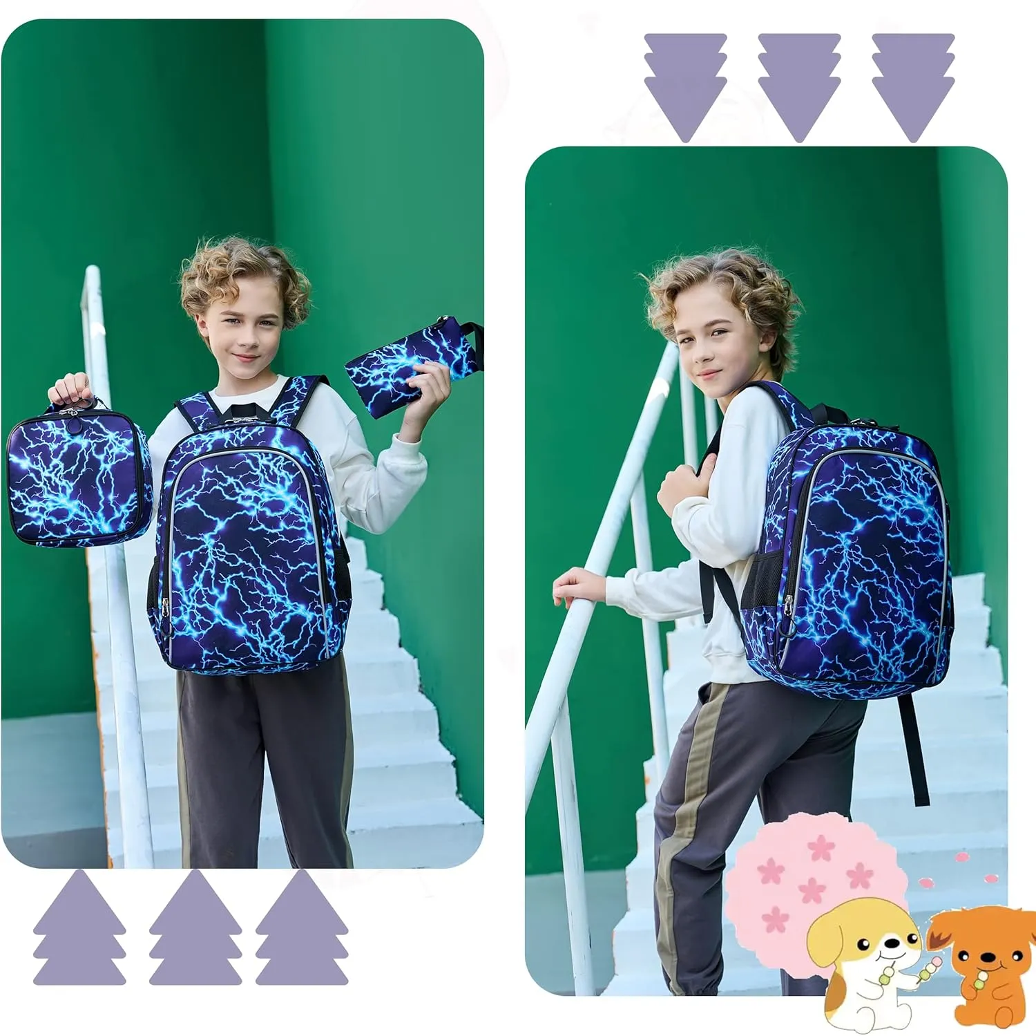 Backpack for Boys, Boy Backpacks Cartoon Prints Schoolbag for Kids Children Teens Elementary Primary Laptop School Bags, Waterproof Lightweight Toddler Bookbag Casual Daypack with Lunch Bag Set,Blue