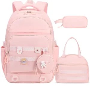 Backpacks for Girls - 4PCS Girls Backpack with Lunch Bag & Pencil Pouch Coin Pruse for Teens Kids Elementary Middle High School College Student Bookbag Daypack (Pink)