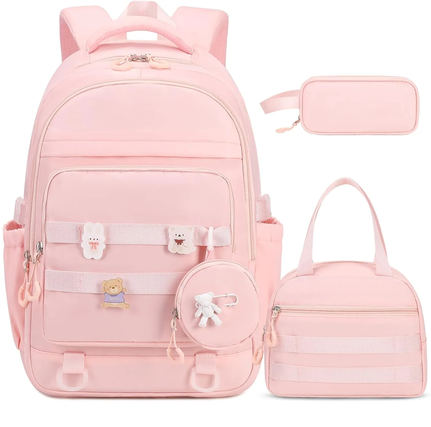 Backpacks for Girls - 4PCS Girls Backpack with Lunch Bag & Pencil Pouch Coin Pruse for Teens Kids Elementary Middle High School College Student Bookbag Daypack (Pink)