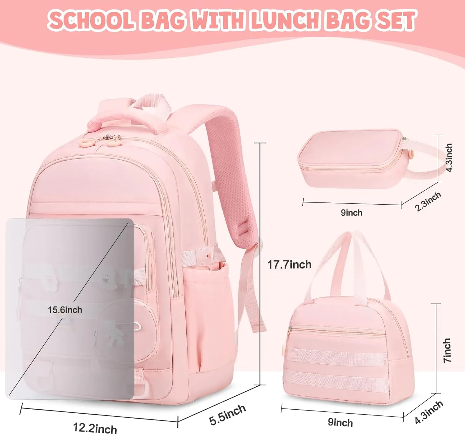 Backpacks for Girls - 4PCS Girls Backpack with Lunch Bag & Pencil Pouch Coin Pruse for Teens Kids Elementary Middle High School College Student Bookbag Daypack (Pink)